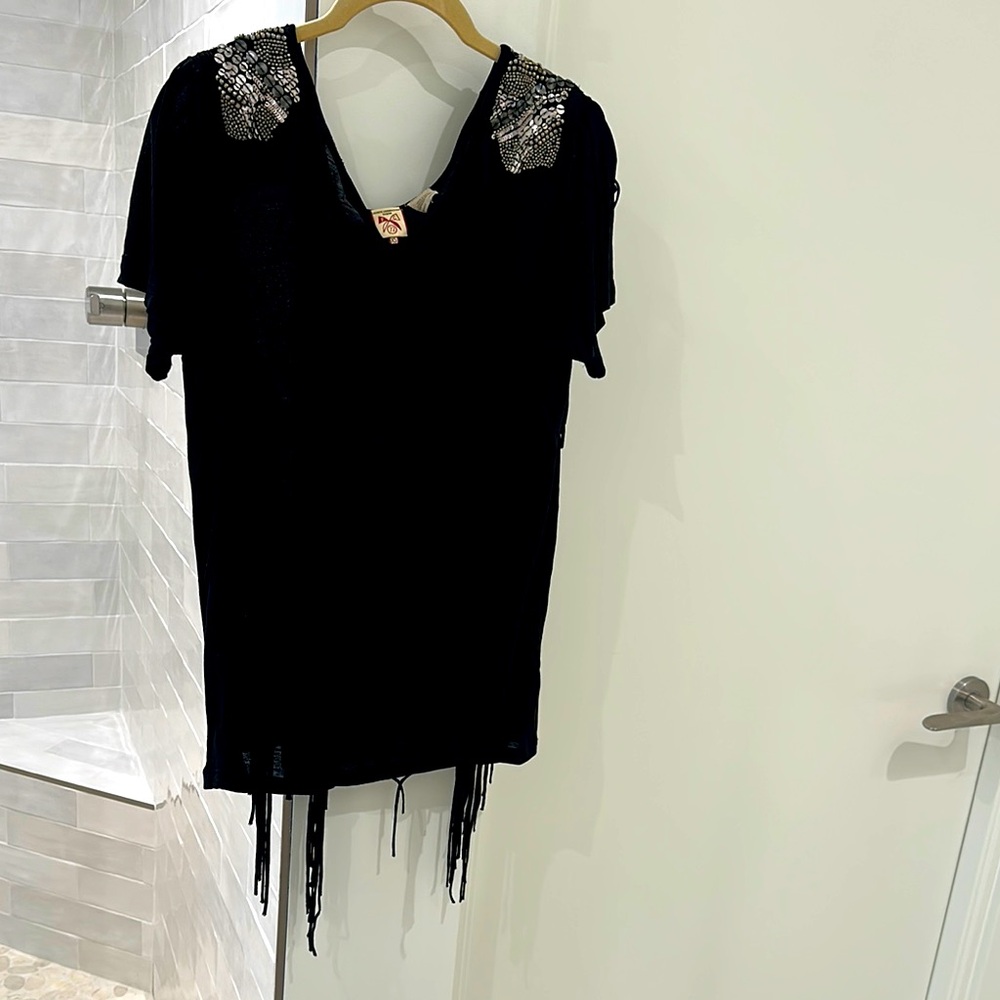 French Connection Black Fringe Accent and Beaded Shoulders Top Size XS runs big